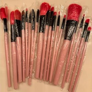 Pink Makeup Brush Set with Red Bristles - Professional 20-Piece Kit